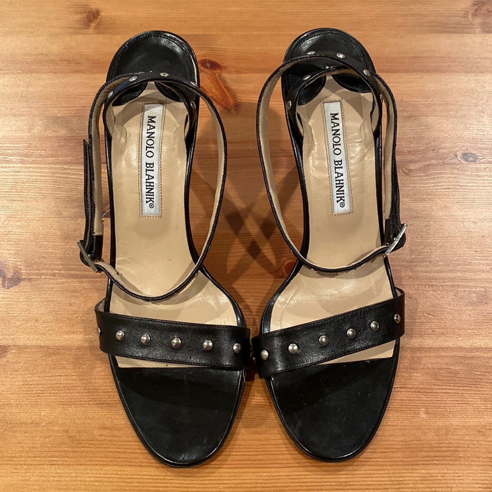 Vintage Manolo Blahnik Black Leather Studded Sandals